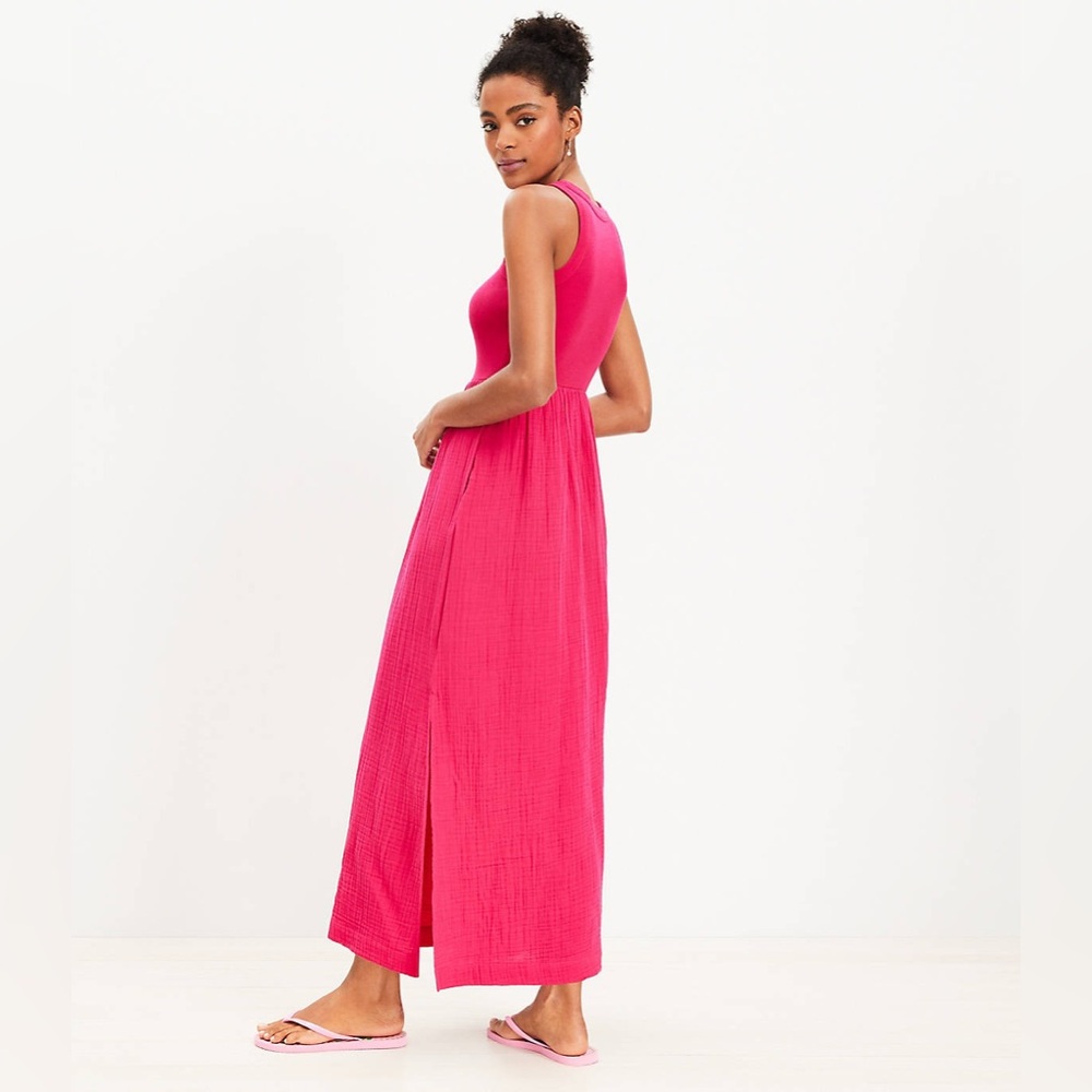 NWT Loft Beach Triple Cloth Mixed Media Maxi Pocket Dress Size XL Hot Pink - Picture 3 of 12